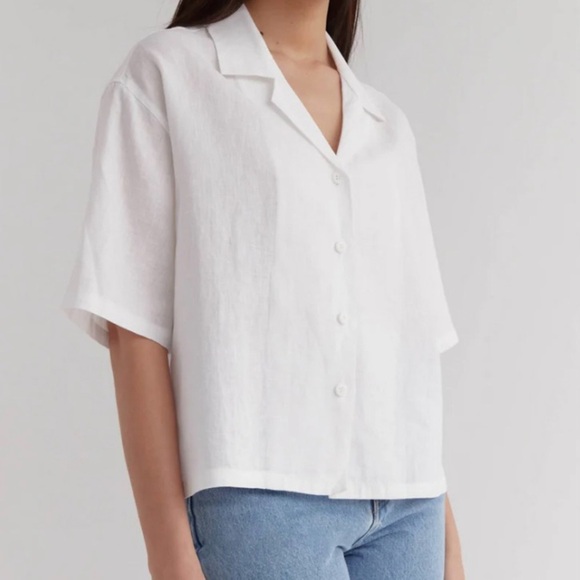 SOLD Short Sleeve Button Down Crop Top Linen Like Material - Picture 2 of 14